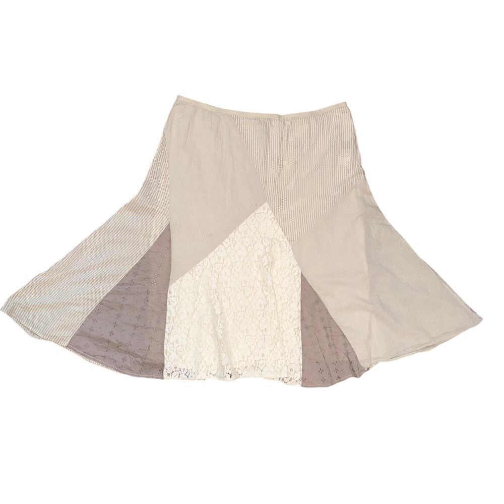 Vintage Lagenlook Patchwork Midi Skirt Cottagecore Boho Lace Eyelet Neutral M